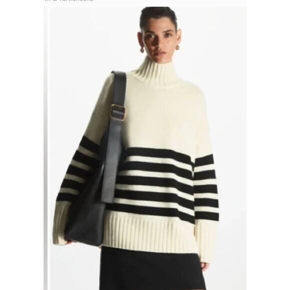 COS Sz XS Ivory Navy Blue Stripe Pullover Turtleneck Roll Neck Sweater - Picture 1 of 11